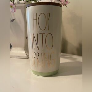 NWT, Rae Dunn, Ceramic Canister with wooden lid. “Hop Into Spring”